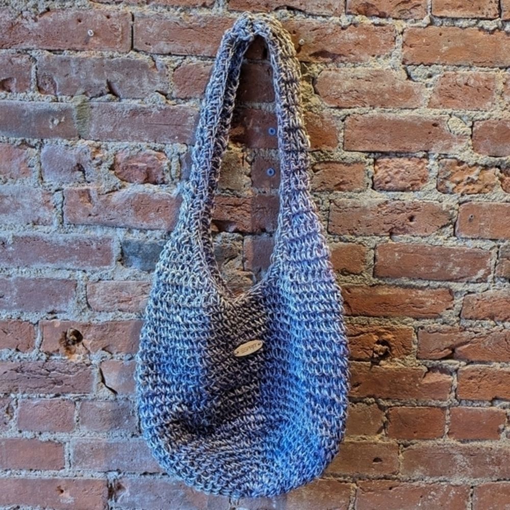 RARE Vintage ESPRIT Blue‎ Gray Crochet Rafia Shoulder Bag Casual Boho Purse - Picture 3 of 6